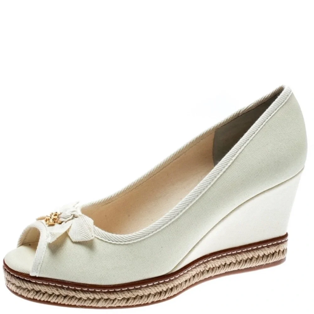 Tory Burch Ivory Jackie Canvas Espadrille Wedges - size 9.5 - Picture 1 of 10